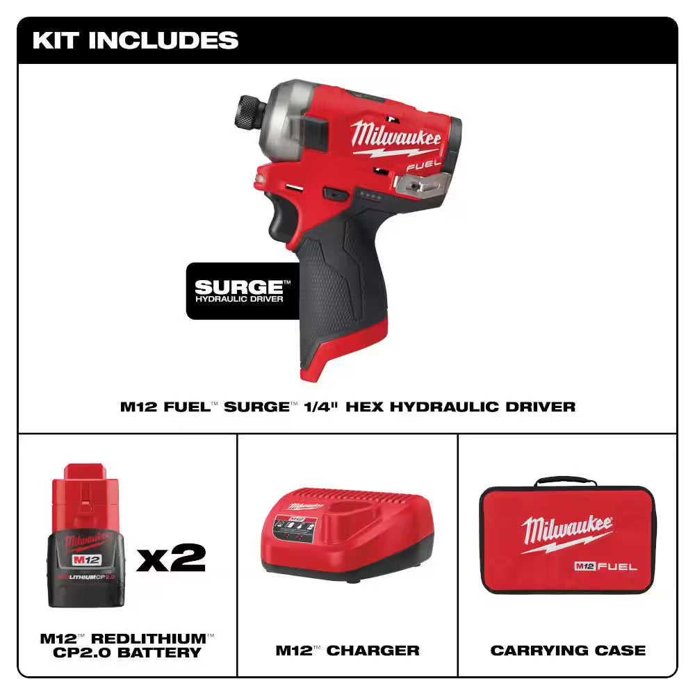 M12 FUEL SURGE 12V Lithium-Ion Brushless Cordless 1/4 In. Hex Impact Driver Compact Kit W/Two 2.0Ah Batteries, Bag